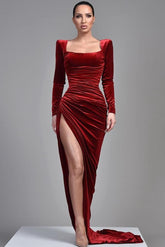 Burgundy Long Sleeves Square Neck Pleated High Slit Velvet Evening Dress